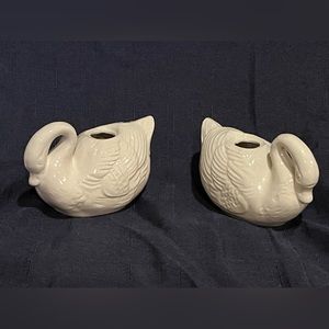 Set Of 2 Cream Colored Porcelain Swans Votive Holders Or Vase
